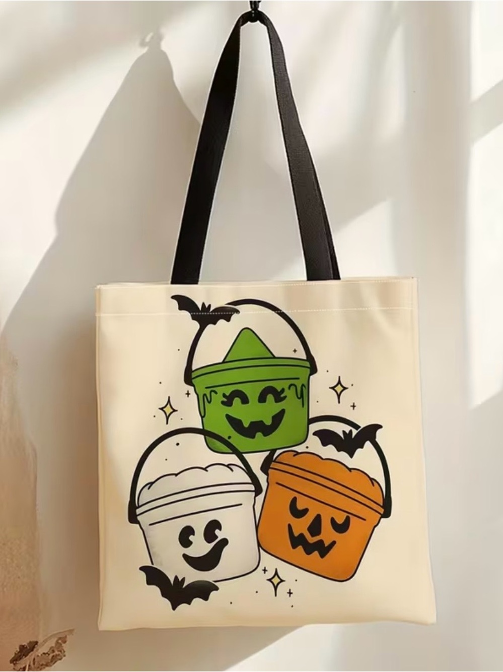 Halloween Tote Bag with Green Witch Orange Pumpkin & White Ghost Treat Buckets - Picture 5 of 5